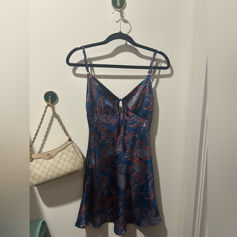 Showpo Navy Paisley Slip Dress with Rust Accents